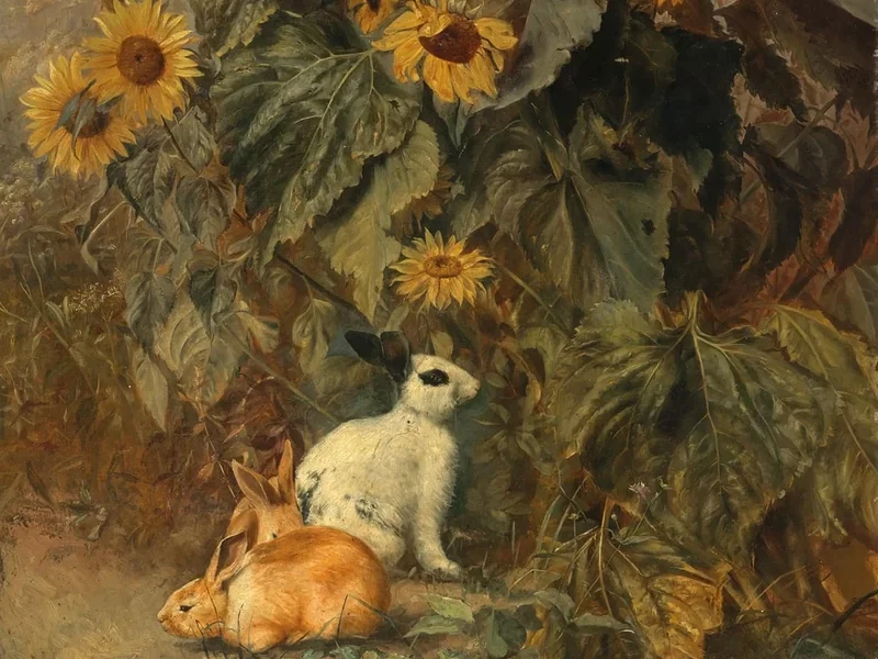 1850-Irma Komlosy - Lepri in un campo di girasoli